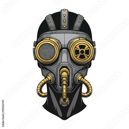 Futuristic Steampunk Gas Mask Illustration with Golden Details and Radiation Symbol - Cyberpunk Tech Design
