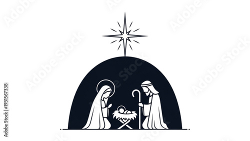 Illustration of Mary, Joseph, and Jesus in a nativity scene under a star