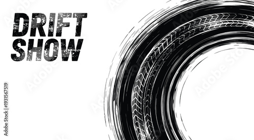 Black and white graphic design element with drift show text and circular brush stroke pattern on white background