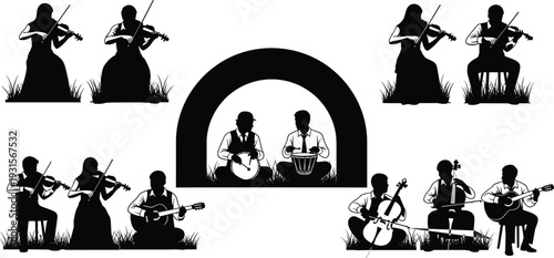 Black silhouette collection of musicians playing instruments including violin, cello, guitar, and drums in various seated and standing performance poses.