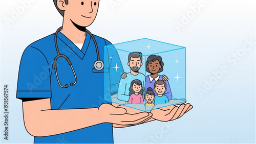 Doctor holding a transparent cube containing a diverse family illustration