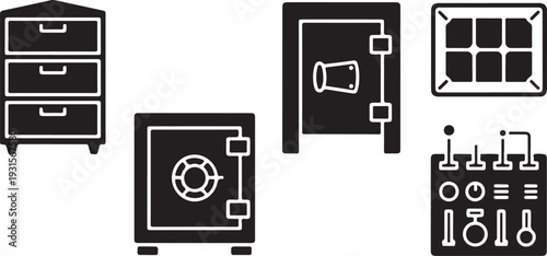 Black and white of storage and control devices filing cabinet