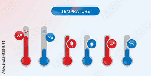 Temperature Thermometer Icon Set – Hot and Cold Climate Indicators in Red and Blue, Weather Forecast UI Symbols with Celsius and Fahrenheit Scale, Modern Flat Vector Illustration
