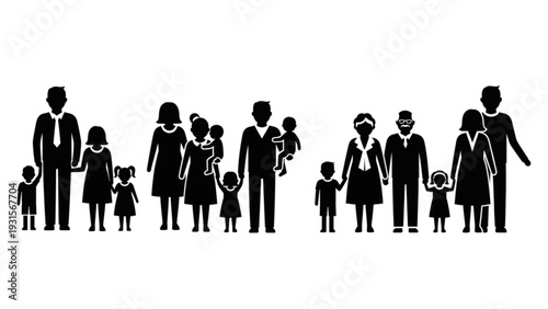 Families with children standing together in a group from a straightforward viewpoint