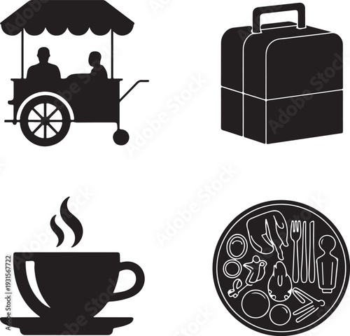 Food cart coffee cup suitcase and meal platter street food