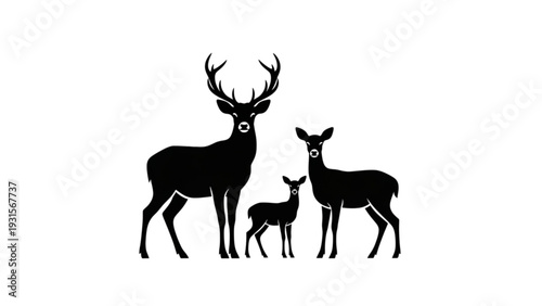 Family of deer standing together in a serene natural setting, viewed from the side.