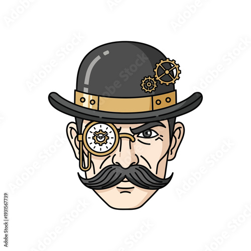 Steampunk Gentleman Portrait with Bowler Hat, Monocle & Mustache - Vintage Style Illustration