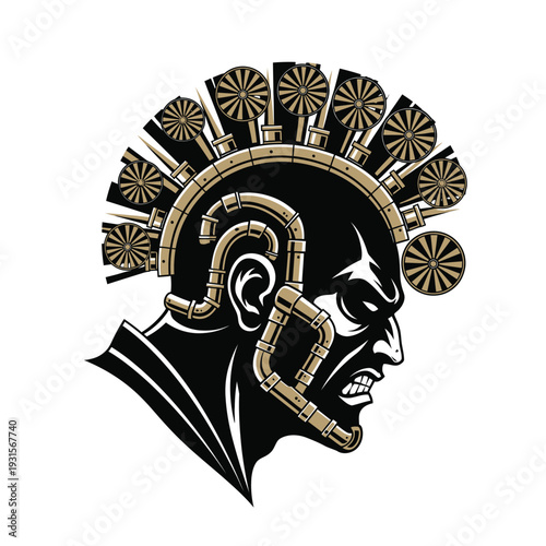 Aggressive Steampunk Cyborg Head with Gear Mohawk and Industrial Pipes. Vector Illustration.