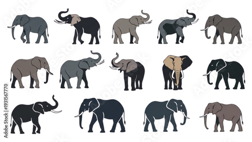 Collection of diverse elephant illustrations in various poses and colors displayed together on a clean background from a straightforward viewpoint