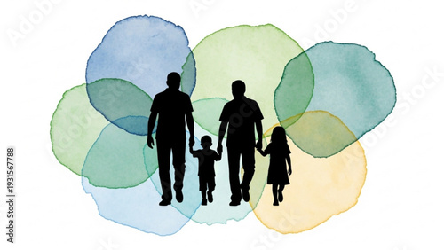 Family silhouettes walking together surrounded by vibrant watercolor circles depicting togetherness and love