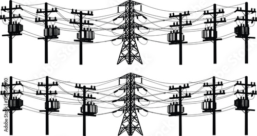  Black silhouette collection of high voltage electrical power transmission lines, utility poles, transformers, and electricity pylons for industrial energy infrastructure.