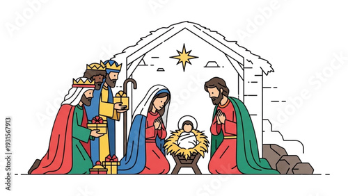 The Three Wise Men Visiting the Holy Family in a Nativity Scene