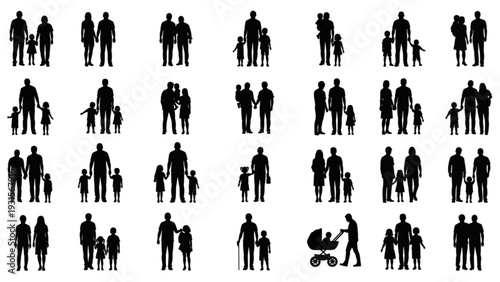 Diverse group of people in various poses and family configurations depicted in silhouette from a straightforward viewpoint
