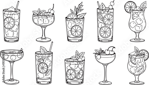 A collection of nine illustrated cocktails with various garnishes and glassware isolated on transparent background