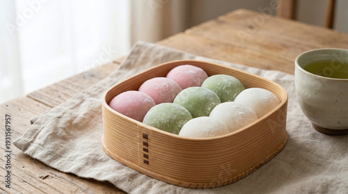 Colorful Mochi in a Traditional Bamboo Box Beside a Cup of Matcha on a Rustic Wooden Table