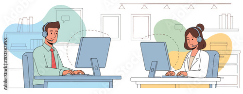 Customer Support Team Working in Office | Male and Female Call Center Agents with Headsets and Computers for Business Communication Illustration
