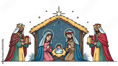 The Holy Family with Wise Men under a Starry Night Sky Manger Scene Illustration