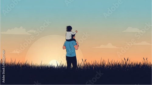 Father holding son high in the air during sunset in a serene landscape viewed from behind