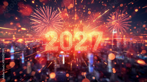 A vibrant new year celebration with fireworks illuminating the cityscape of 2027