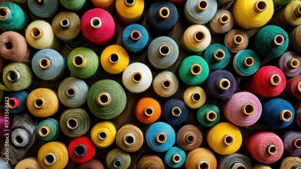 Fototapeta premium Colorful thread spools fill the background, seen from above.