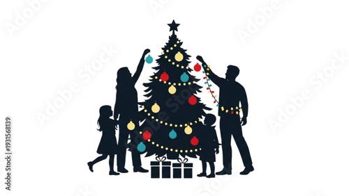 Family decorating Christmas tree together with colorful ornaments and lights