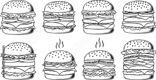 A delightful collection of eight diverse and appetizing burger illustrations isolated on transparent background