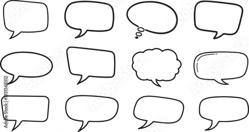 A collection of twelve different speech bubble shapes in black and white isolated on transparent background