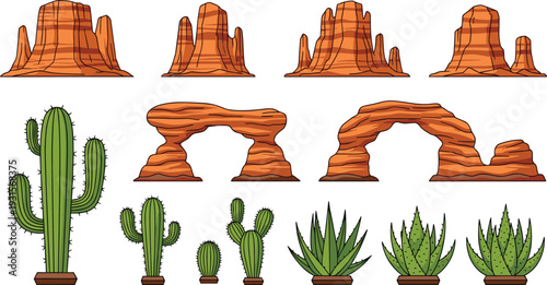 Desert canyon rock formations and potted cactus plants vector set, sandstone arches and succulents isolated on white background, western cartoon landscape collection