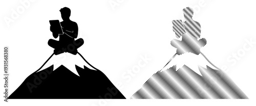 Person meditating on mountaintop with tablet, symbolizing achievement and digital connection