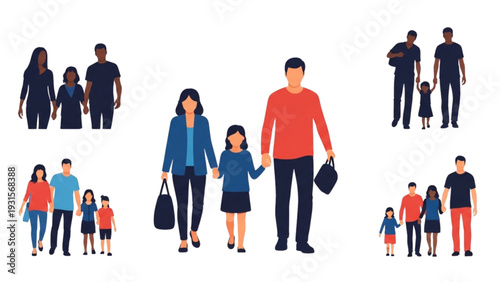 Diverse Family Groups Walking Together in Various Combinations and Outfits
