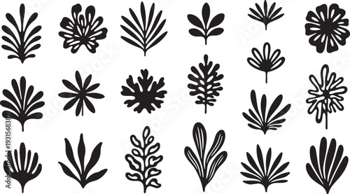 A collection of various leaf designs and patterns in black and white isolated on transparent background
