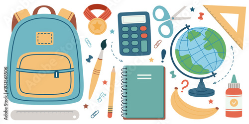 Back to School Vector Set. Cute Cartoon School Supplies Collection with Backpack, Globe, Notebook, Calculator, Scissors, Medal and Stationery. Flat Illustration Isolated on White.