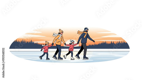 Family ice skating together on frozen lake at serene sunset landscape view