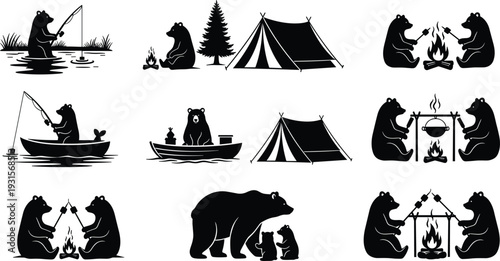 Black silhouette collection of bears camping, fishing in boats, roasting marshmallows by a campfire, and sitting near tents in nature.