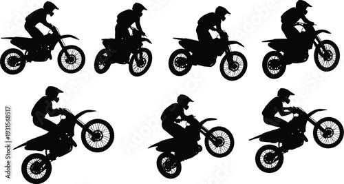 Motocross rider silhouette sequence performing wheelie stunt on dirt bike, isolated on white background, extreme sports action set, dynamic motorcycle movement collection