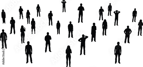 Silhouettes of diverse people standing apart on light background, social distancing and community concept illustrating individuality, urban population, teamwork, and modern society connection theme.