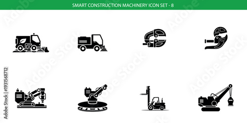 Construction equipment icon set black and white vector graphics