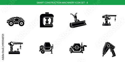 Construction equipment icon set including truck excavator drill roller crane cement mixer compactor worker
