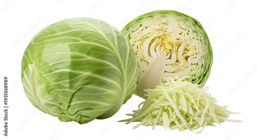 Fototapeta premium Fresh green cabbage isolated on transparent background, whole and shredded