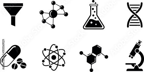 Science and Laboratory Icon Set Molecule Atom DNA Flask Microscope Vector Collection