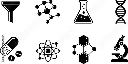 Science Laboratory Icon Set Funnel Molecule Flask DNA Microscope Vector Collection