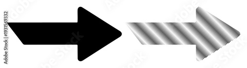 Two arrows pointing right, one solid black and the other with a striped metallic texture