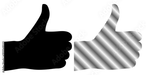 Two thumbs up symbols, one solid black and one with a metallic silver gradient, indicating approval and positivity.