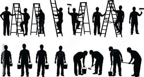 Painter worker silhouette set isolated on white background, house painting and ladder work collection featuring roller, bucket, and decorating maintenance concept