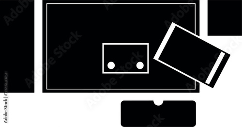 Flat design overhead view of tilted smartphone on desktop next to monitor keyboard and minimalist accessories in high contrast monochrome