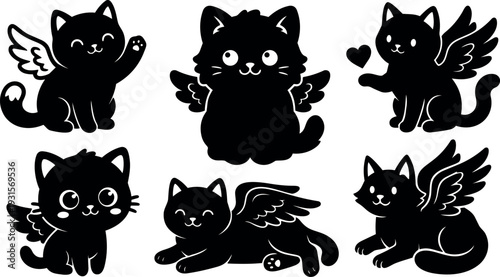 Flat design cute winged cat silhouettes six poses set close up vector icons playful kawaii characters black shapes isolated collection