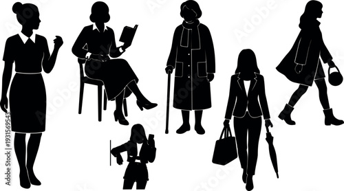 Silhouette vector group of diverse women in various poses walking sitting reading using phone commuting shopping carrying bags urban casual