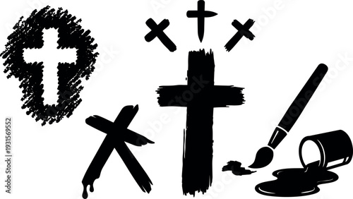 Brush stroke grunge crosses and paint brush with spilled ink and paint can isolated on white vector bold rough composition