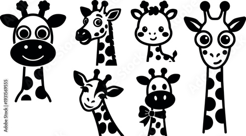 Flat vector giraffe icon set six cute cartoon heads with varied expressions side view and frontal smiling faces long neck