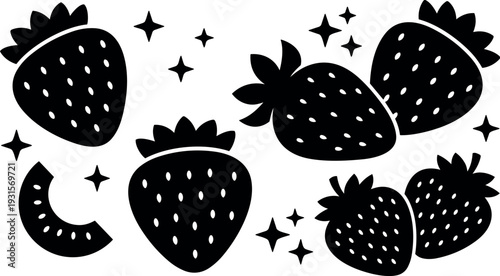 Flat design vector strawberry set with playful stars sliced berry close up multiple berries arranged in silhouette minimalist bold graphic